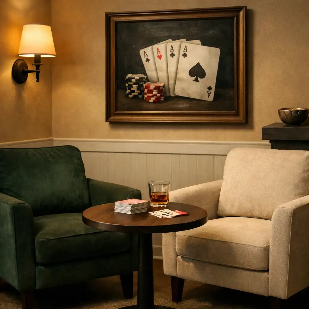 Comfortable armchairs and a side table in the card lounge with a deck of cards