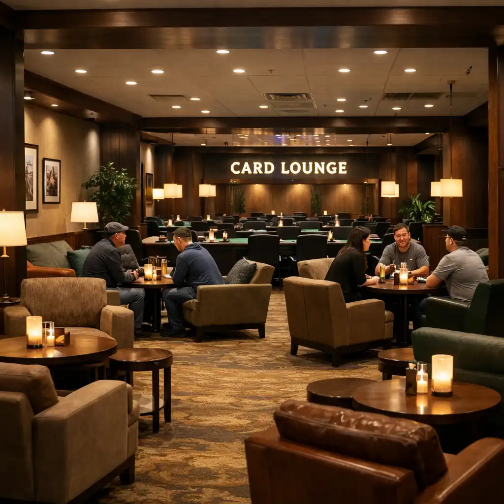 Full view of a card lounge with comfortable seating and small tables