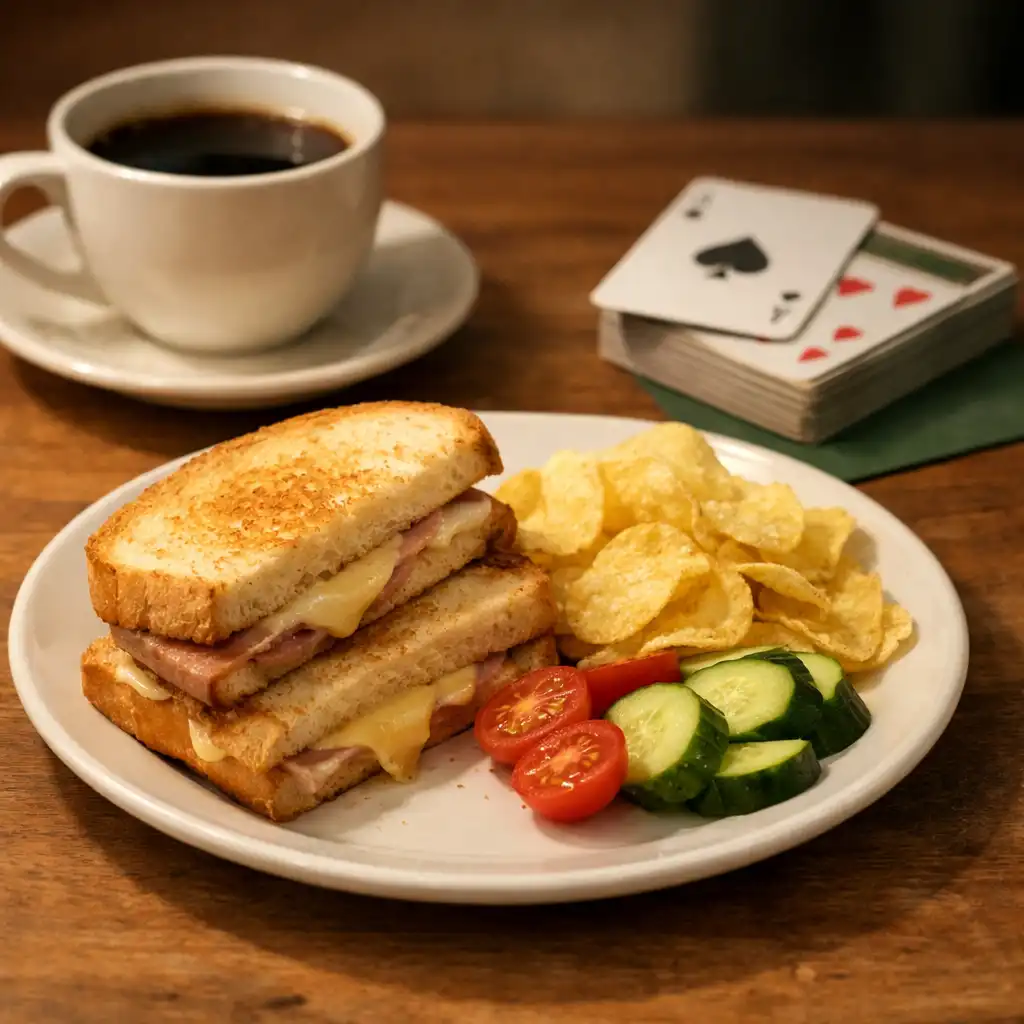 Close-up of a simple meal and coffee on a wooden table with a deck of cards nearby