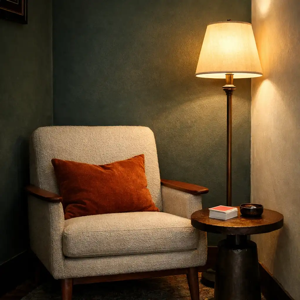 Tall view of a card lounge corner with an armchair, side table, deck of cards, and floor lamp