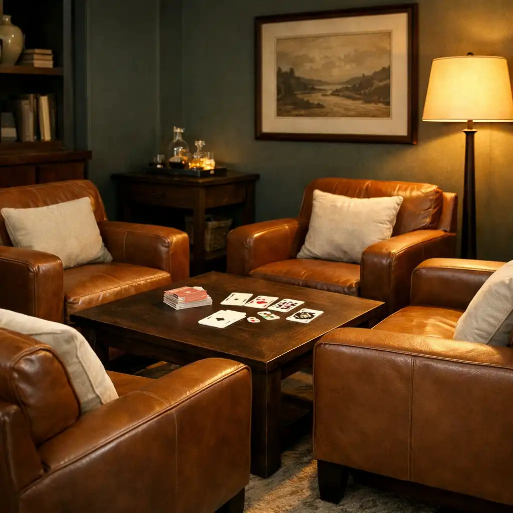 Comfortable card lounge at Poker Forge Albany with warm sand seating and soft lighting