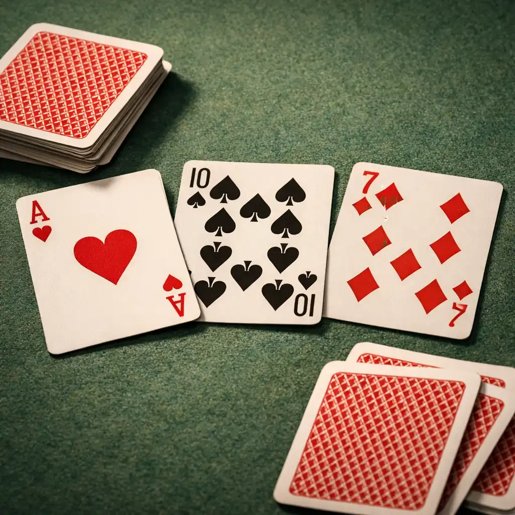 Close-up of playing cards on a muted green poker table felt surface