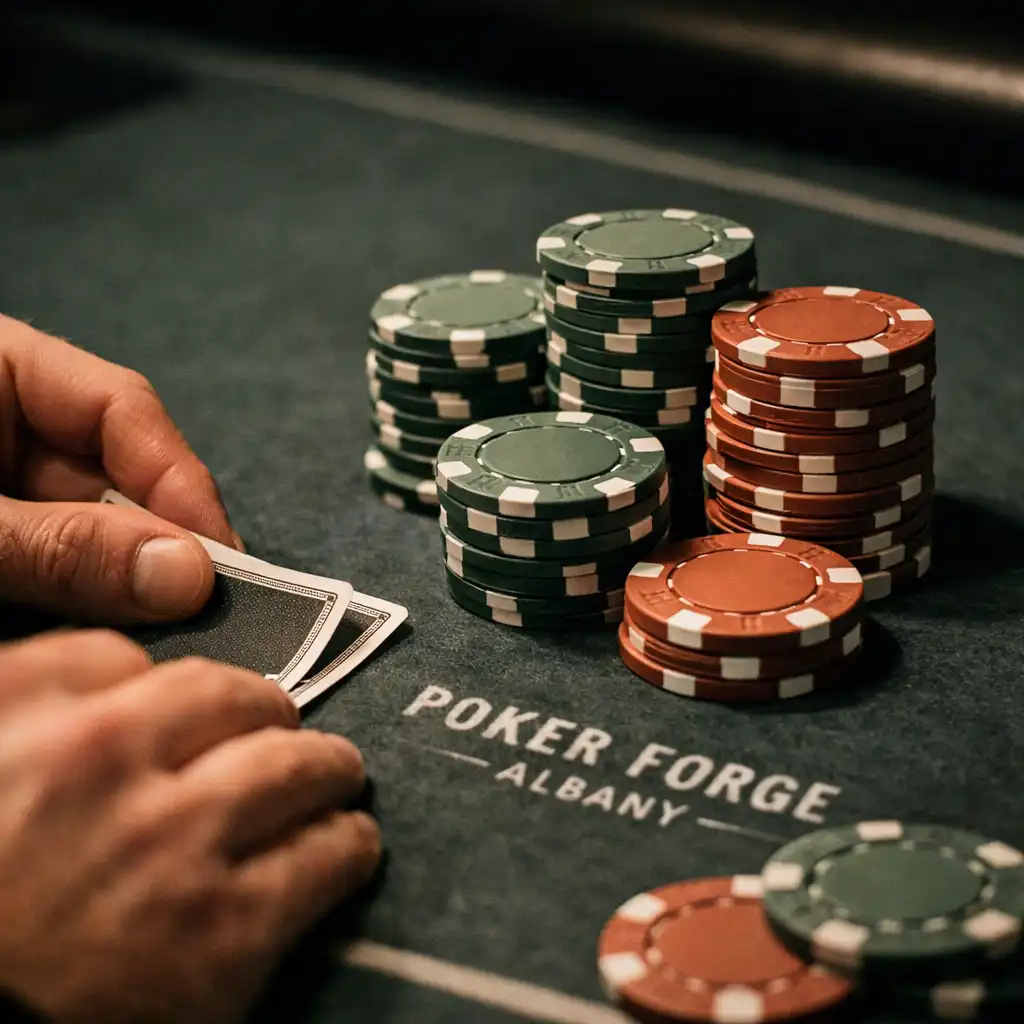 Hands and poker chips on a physical poker table at Poker Forge Albany