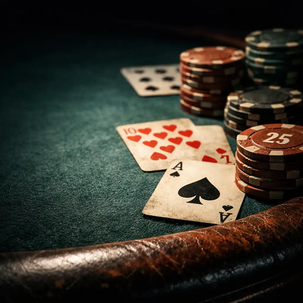 Extreme close-up of a physical poker table with felt, cards, and clay chips in dramatic light