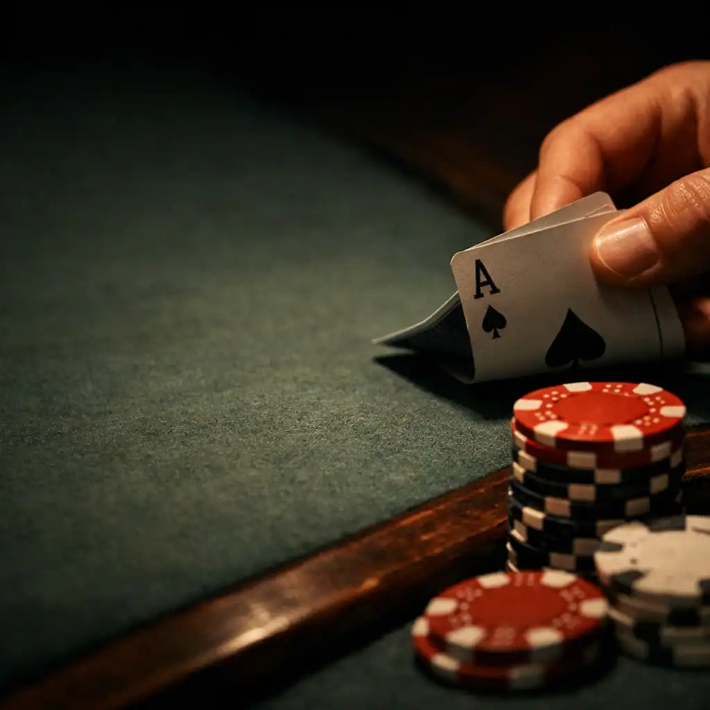 Close-up of hands holding cards and a stack of chips on a muted felt green poker table during an evening game