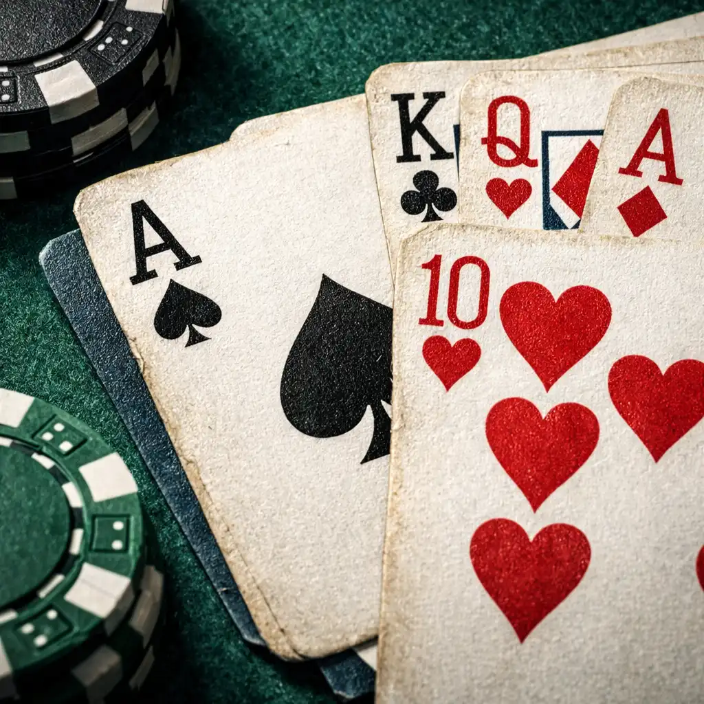 Extreme close-up of physical playing cards on green felt