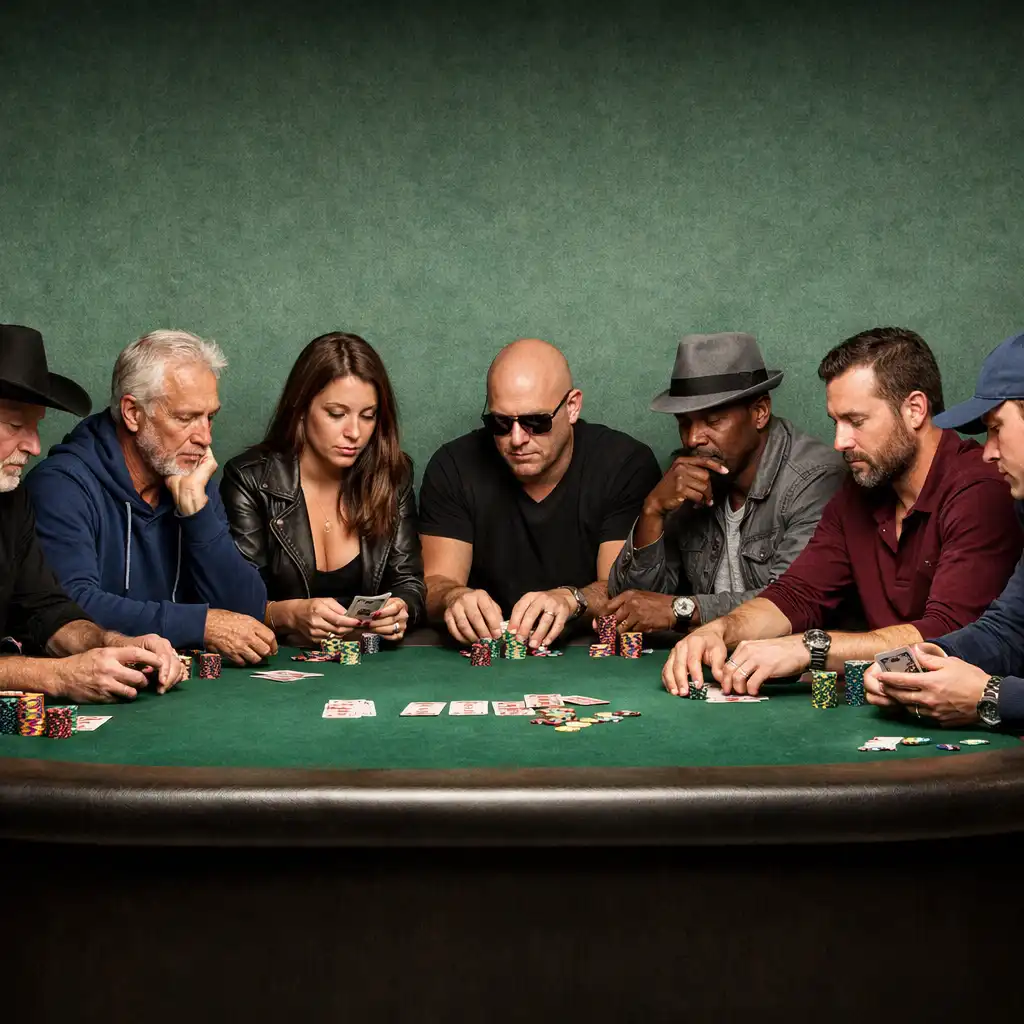 Continuous horizontal sequence of adult players seated along one physical poker table