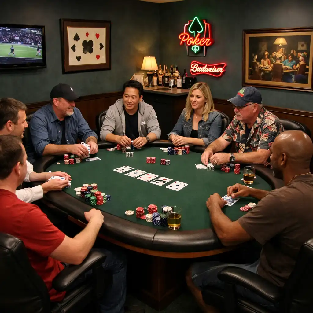 Complete physical poker room with table, chairs, cards, chips, and players
