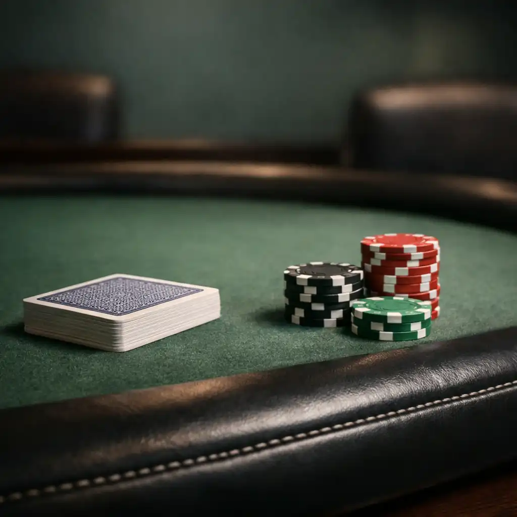 Close-up of a poker table with a deck of cards and stacked chips in the poker room