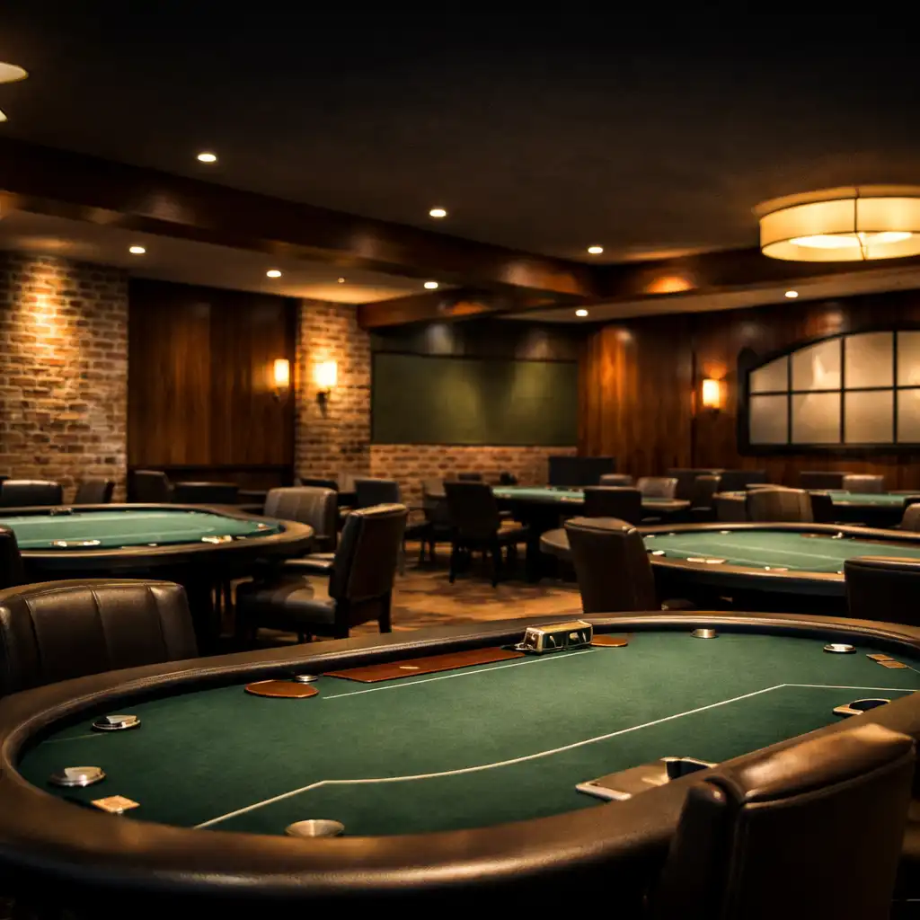 Wide-angle view of the dedicated poker room at Poker Forge Albany with physical poker tables and muted green felt surfaces