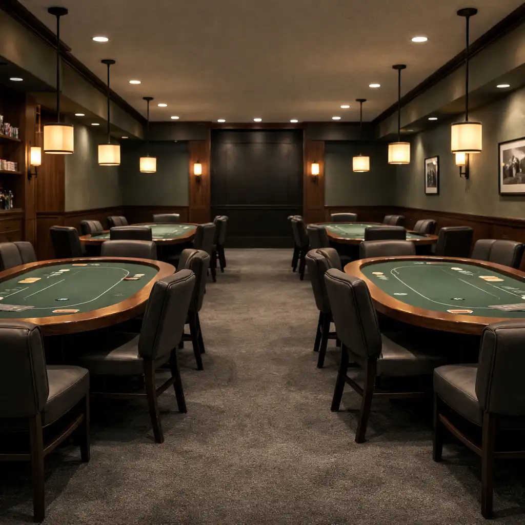 Wide view of the dedicated poker room with physical poker tables in a row