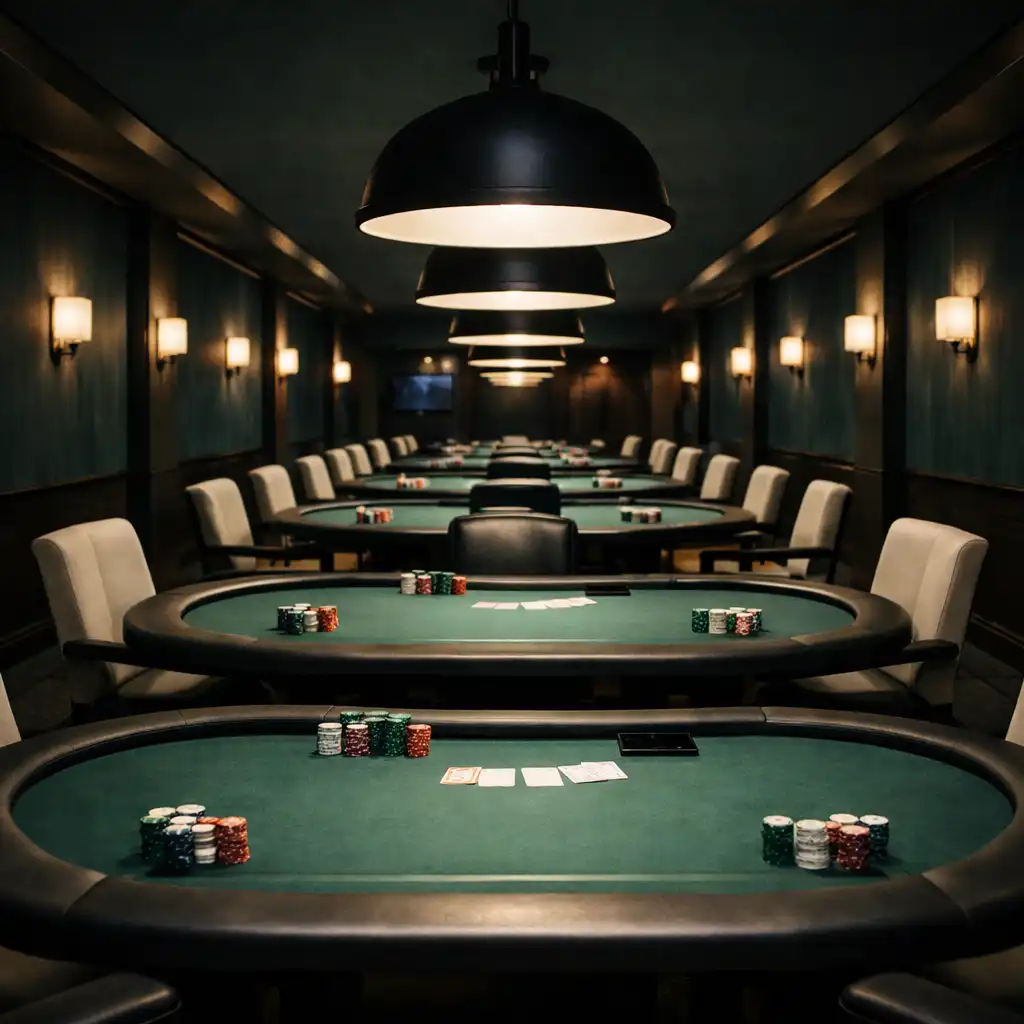 Full-bleed view of the poker room at Poker Forge Albany with tables lining both sides and warm overhead lighting