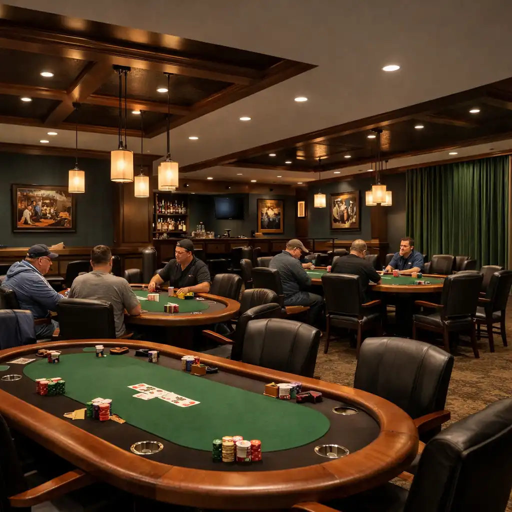Wide view of a dedicated poker room with multiple physical poker tables