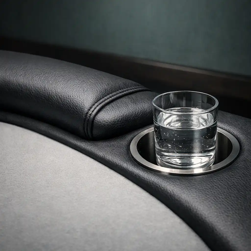 Close-up of a poker table's padded rail and recessed cup holder with a glass of water