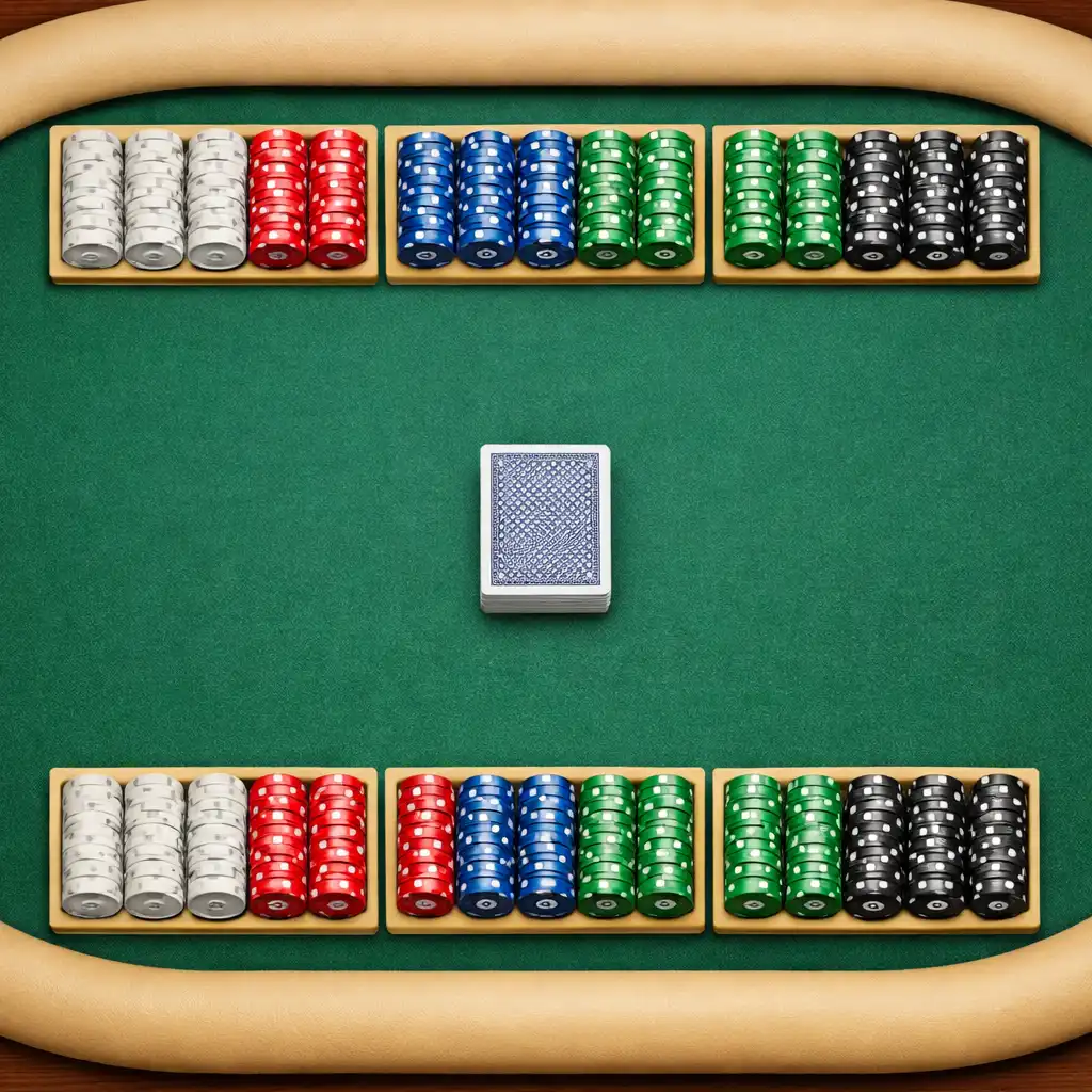 Top-down view of a poker table with full chip trays and a deck of cards arranged neatly on the felt