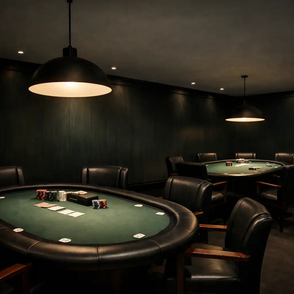Wide shot of the poker room with two physical poker tables and empty chairs under warm ambient lighting