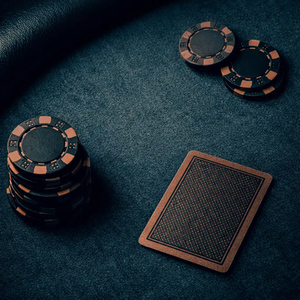 Tightly cropped top-down view of a physical poker table surface with muted felt green playing area, clay composite poker chips, and a single face-down playing card