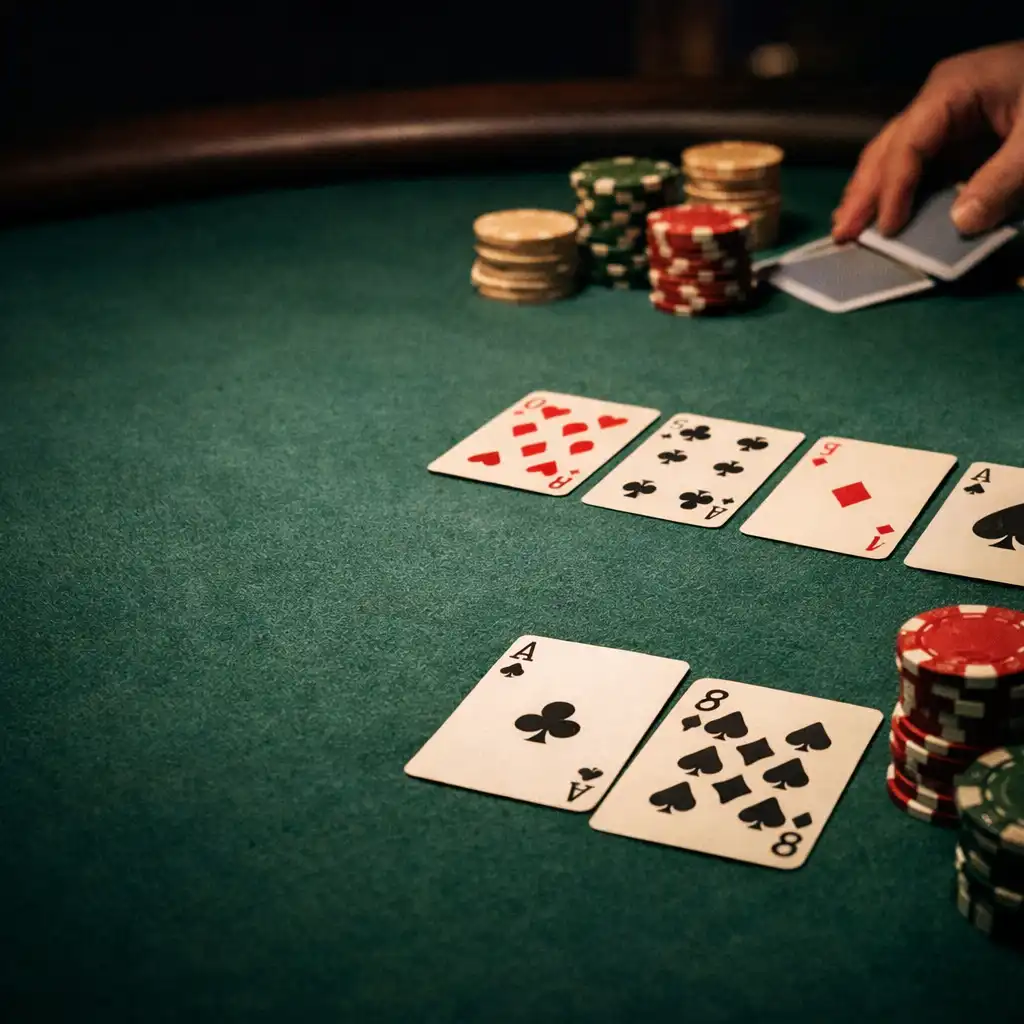Close-up of a physical poker table with green felt, playing cards, and poker chips in a dimly lit dedicated poker room