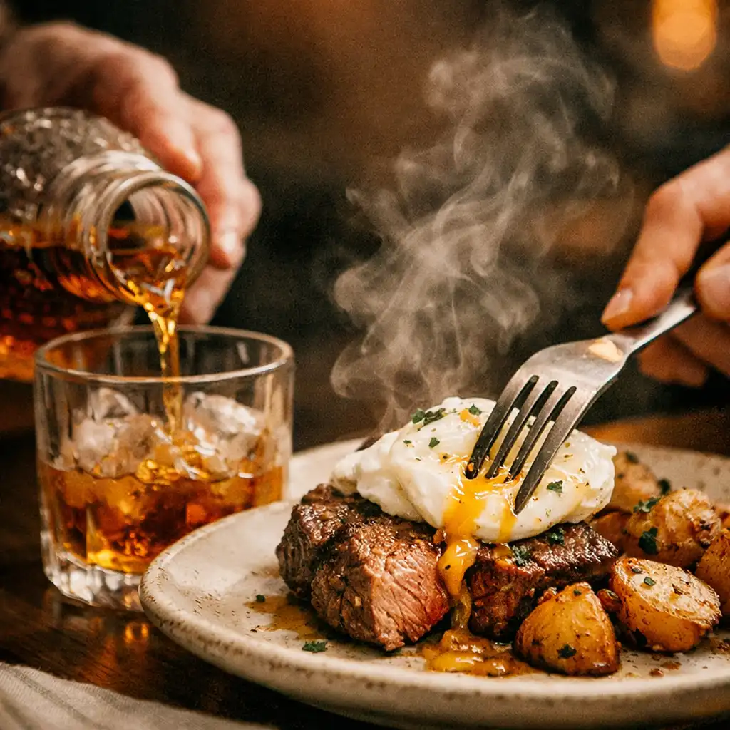 A close-up detail of food and drink at the Poker Forge Albany restaurant